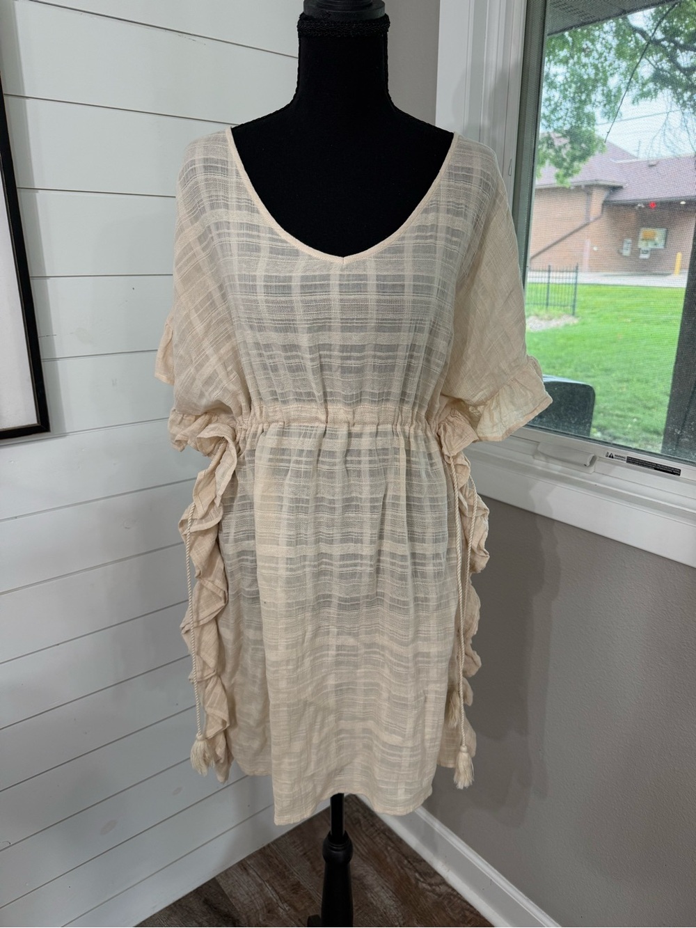 James Coviello Beige Ruffle Drawstring Swim Cover Shift Dress Anthropologie S